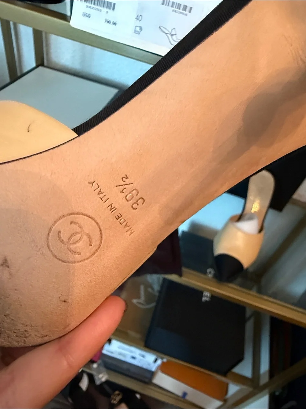 CHANEL Two-Tone Pointed Leather Mule in Beige and Black with Pearl Heel